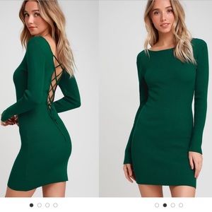 DARK GREEN LACE-UP LONG SLEEVE SWEATER DRESS